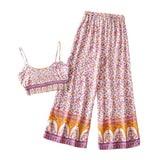 Boho Vintage Pattern Print Women 2 Piece Set Spring Midriff Baring Wide Leg Pant Retro Chic Beach Vacation Women Set