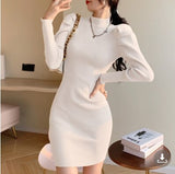 Nukty Women Knitting Full Puff Sleeve Base Sweaters Dresses Girls Slim Turtleneck Mini Sheath Knitwear Dress Real Photos