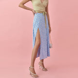 Nukty High Waist Split Out Floral Mid Skirt Women Sexy Vintage Boho A-line Skirts Slim Party Streetwear Holiday Beachwear