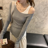 Y2K T-shirt Female Sexy Off Shoulder Gray Two-piece Inner Bottoming Shirt Spring New Long-sleeved Tights