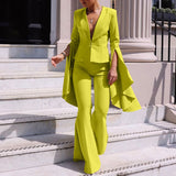 Women Flare Pants Suits V-Neck Solid Colors Casual Office Blazer Set Fashion Irregular Ruffles Sleeve Blazer Two Piece Set