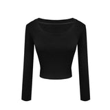 Nukty Soft Elastic Tees Women U-neck Cropped T-shirts Girls Full Sleeve Sheath Tshirt Basic Crop Tops Girls Base Undershirts