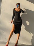 Nukty Knit Knee  Length Dresses For Women Sexy Square Collar Elegant Long Sleeve Bodycon Side Split Chic Fall Fashion Dress