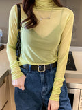 Nukty Size M-3XL Girls Colorful Mesh T-Shirts Tees Female Transparent Long Sleeve Turtleneck Thin Tshirt Tops Women Spring Fall