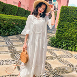 Vintage Women's Dresses Hollow Flower Embroidery V-Neck Puff Sleeve Midi Dress Bow Lace-Up Bohemian Prom Dress White