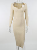 Nukty Knit Knee  Length Dresses For Women Sexy Square Collar Elegant Long Sleeve Bodycon Side Split Chic Fall Fashion Dress