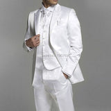 Nukty 3 piece White Satin Men Suits for Wedding Groom Tuxedos Peaked Lapel Custom Formal Man Suit Set Jacket Vest with Pants