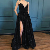 Black sexy side slit V-neck Prom party evening dresses robes de cocktail playa formal pockets robe de soirée de mariage