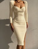 Nukty Knit Knee  Length Dresses For Women Sexy Square Collar Elegant Long Sleeve Bodycon Side Split Chic Fall Fashion Dress