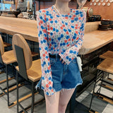 Nukty Angel Print Sheer Blue Black Mesh Long Sleeve Blouse Shirts Women Spring Summer Pullovers Elegant Sexy See Through Tops