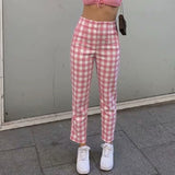 Summer women's casual solid color plaid high waist pants