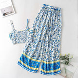 Boho Vintage Pattern Print Women 2 Piece Set Spring Midriff Baring Wide Leg Pant Retro Chic Beach Vacation Women Set