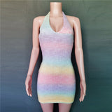 Nukty V-Neck Knitted Dress Tie-Dye Holiday Party Backless Beach Cover-Up Dress Bodycon Slim Sleeveless Summer Mini Sweater Dress