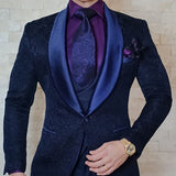 Nukty Navy Blue Floral Jacquard Men Suits Slim Fit with Shawl Lapel 3 Piece Custom Wedding Tuxedo for Groomsmen Male Fashion Costume