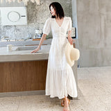 Vintage Women's Dresses Hollow Flower Embroidery V-Neck Puff Sleeve Midi Dress Bow Lace-Up Bohemian Prom Dress White