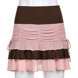 Nukty Y2K Aesthetic Pleated Skirts Women Low Waist Ruffles Mini Skirt Patchwork Pink Mesh Cute Kawaii Brown Bodycon Vintage Clothes