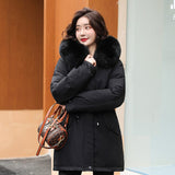 Medium Long Hooded Parka With Fur Collar Winter Jackets For Women Casual Cotton Liner Coat Adjustable Waist