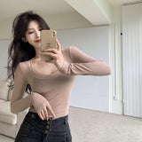 Nukty Soft Elastic Tees Women U-neck Cropped T-shirts Girls Full Sleeve Sheath Tshirt Basic Crop Tops Girls Base Undershirts