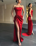Nukty Elegant Strapless Long Party Dresses Women Sexy Slit Floor Length Satin Dress Vintage Formal Corset Maxi Dress Black Red