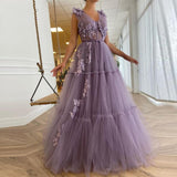 Elegant Prom Dresses Lavender Tiered Tulle Long  A Line Aestido Feminino Festa Fitted Boning 3D Flowers Floor Length Evening Gow