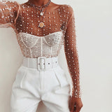 Nukty Pearl Top Women Mesh Top Spring Ladies Long Sleeve Transparent Sexy Top Cover Up Clubwear