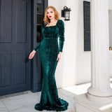 Long Evening Mermaid Dress Full Sleeved Square Neck Green Sequined Floor Length Stretchy Bodycon Maxi Dress