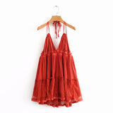 Nukty Summer New Solid Color Lace Stitching V Neck Sexy Backless  Mesh Short Dress Camisole Holiday Beach Dress Female