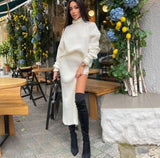 Retro Knitted Two Piece Set Women Skirt And Top Pullover Winter Autumn Long Sleeve Skirts Sets Female Turtleneck Midi Dress Suit