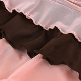 Nukty Y2K Aesthetic Pleated Skirts Women Low Waist Ruffles Mini Skirt Patchwork Pink Mesh Cute Kawaii Brown Bodycon Vintage Clothes