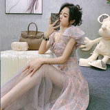 Nukty Vintage Chiffon Midi Dress Women Floral Print Design Korean Party Split Dress Female Summer Evening Beach Boho Dress Casual