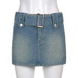 Y2K Women's Jeans Mini Skirts Low Waist Belt Blue Denim Skirt Woman Korean Straight Distressed Bottoms Mujer  Harajuku