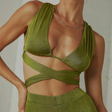 Green Romper Sexy Bandage Backless Top and Pant Sets Sleeveless Solid Women's Sets Fashion Outfits Matching Set Flare Pants