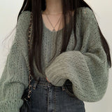 Y2K South Korean Chic Spring Hundred Candy-colored Cover Head Loose Thick Line Casual Lantern Sleeve Knitted Soft Sweater Woman