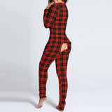 Nukty Women's Christmas Print Sexy Pyjama Front Back Button-Down Functional Buttoned Flap Sleepwear Long Sleeve Adults Jumpsuit