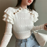 Nukty Full Sleeve Turtleneck Buttons Sweater Jumpers Girls Stretchy Chic Ruffles Autumn Spring Sweaters Pullovers Tops Women