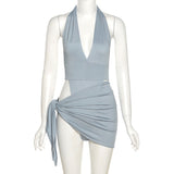 Nukty Y2K Summer New Halter Strap V-Neck Casual Backless Sexy Women's Clothes Basic Bodysuits 2 Piece Beach Mini Dress