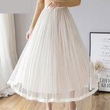 Nukty Mesh Skirt Autumn Winter Velvet Solid Color Elastic Waist Slim Pleated Skirts Womens Chic High Waist Women Skir
