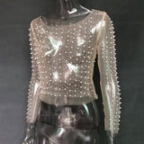 Nukty Pearl Top Women Mesh Top Spring Ladies Long Sleeve Transparent Sexy Top Cover Up Clubwear