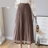 Nukty Mesh Skirt Autumn Winter Velvet Solid Color Elastic Waist Slim Pleated Skirts Womens Chic High Waist Women Skir