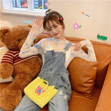 Nukty Angel Print Sheer Blue Black Mesh Long Sleeve Blouse Shirts Women Spring Summer Pullovers Elegant Sexy See Through Tops