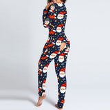 Nukty Women's Christmas Print Sexy Pyjama Front Back Button-Down Functional Buttoned Flap Sleepwear Long Sleeve Adults Jumpsuit