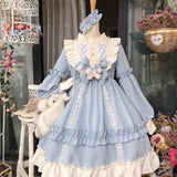 Nukty In Wondeland Cute Women's Lolita OP Dress Flouncing Lace Trim Japanese Harajuku Long Sleeves Doll Dress Fairy Vestidos
