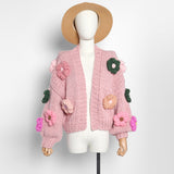 Jastie Winter Fashion Women's Cardigans Strawberry Pattern Single-Breasted V-Neck Puff Sleeve Loose Sweater кардиган