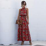 Summer Long Floral Halter Dress Women New Casual Slim Leopard Bandage Ladies Dot Print Beach Style Maxi Dresses