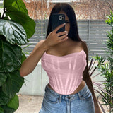 White Mesh Patchwork Perspective Sexy Crop Top T Shirt Women Night Strapless Tshirt Short Summer T-shirt Top Femme