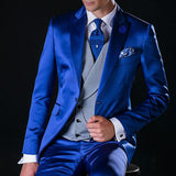 Nukty Royal Blue Satin Men Suits for Wedding with Gray Waistcoat Slim Fit Groom Tuxedos Male Fashion 3 Pieces (Jacket+vest+Pants)