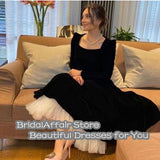 Nukty Modest Black Velvet Evening Dresses Long Sleeve Square Collar White Bottom Tea Length Formal Party Simple Prom Gown