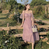 Nukty Elegant Midi Summer Dress Women Mesh Korean Fairy Vintage Dress Female Design One-piece Sequins Strap Dress Ladies Clothing