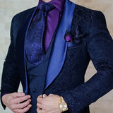 Nukty Navy Blue Floral Jacquard Men Suits Slim Fit with Shawl Lapel 3 Piece Custom Wedding Tuxedo for Groomsmen Male Fashion Costume