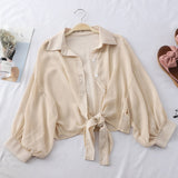 Nukty Chiffon Shirts Women Summer Half Sleeve Buttoned Up Shirt Loose Casual Blouse Tied Waist Elegant Blouses For Women